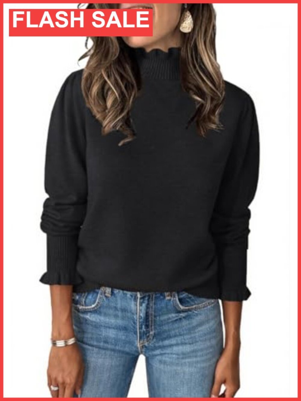 Ruffle Mock Neck Sweater Puff Long Sleeve Pullover
